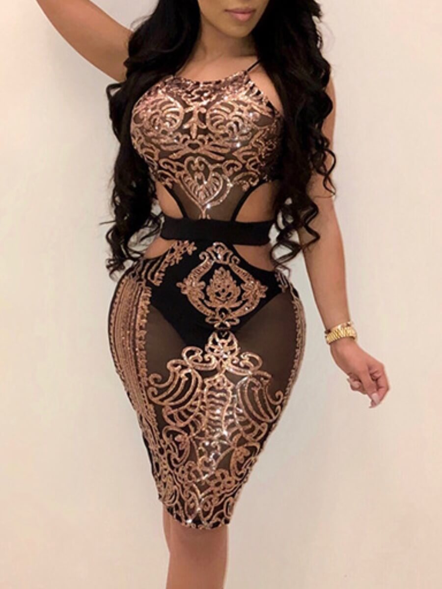 

Lovely Sexy Spaghetti Strap Patchwork Hollow-out Rose Gold Knee Length Dress