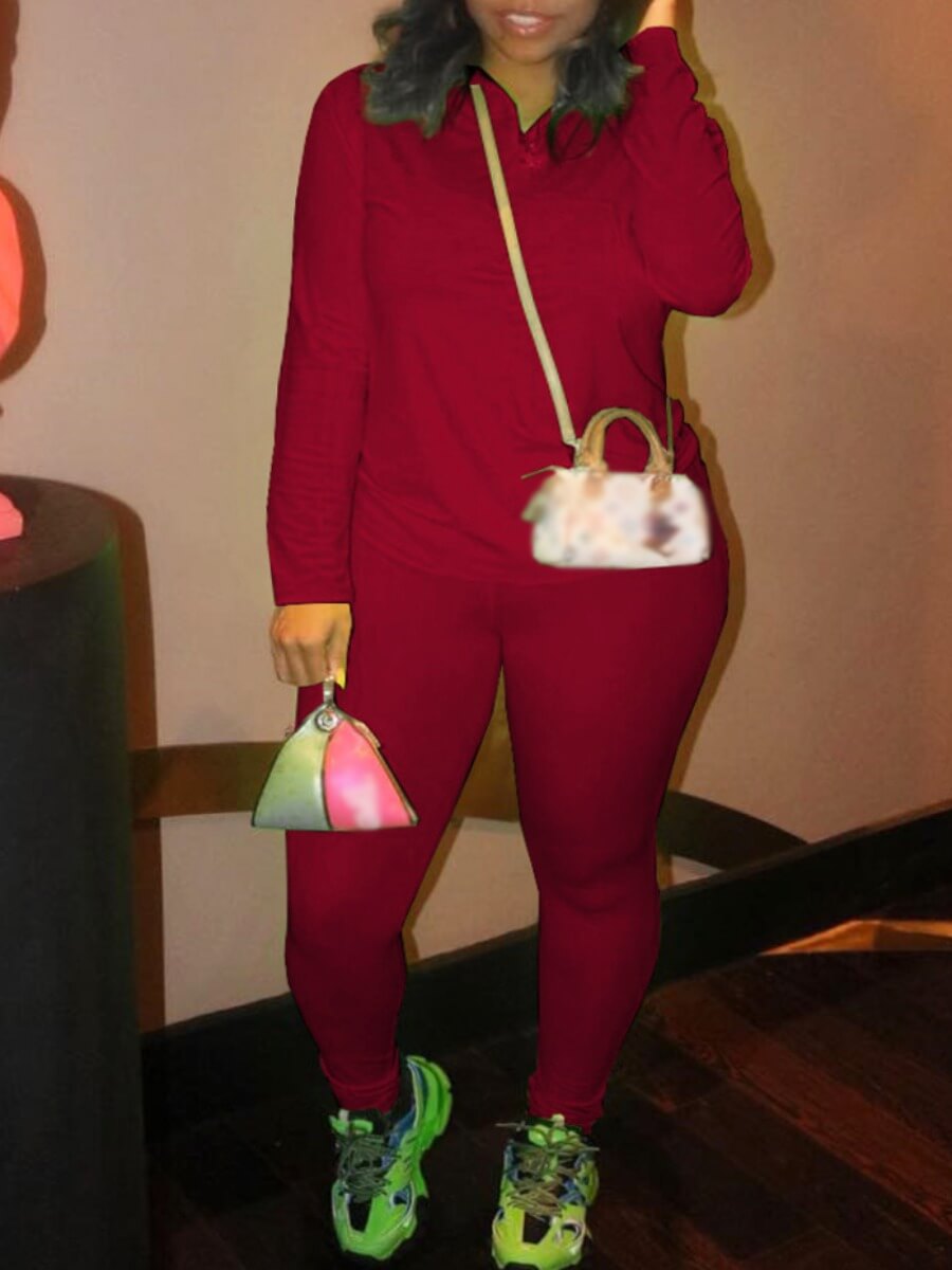 

Lovely Casual Turndown Collar Zipper Design Wine Red Two Piece Pants Set