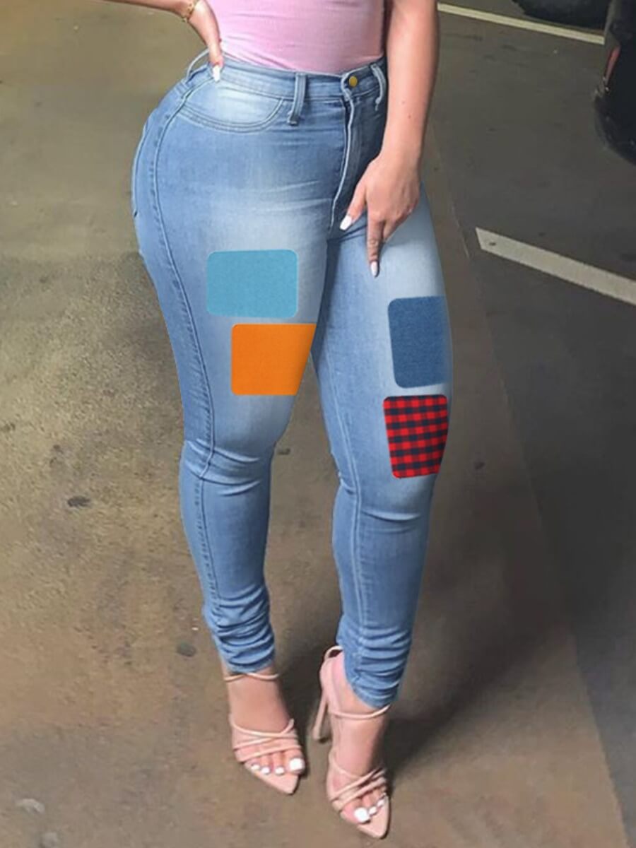 

Lovely Casual Print Patchwork Blue Jeans