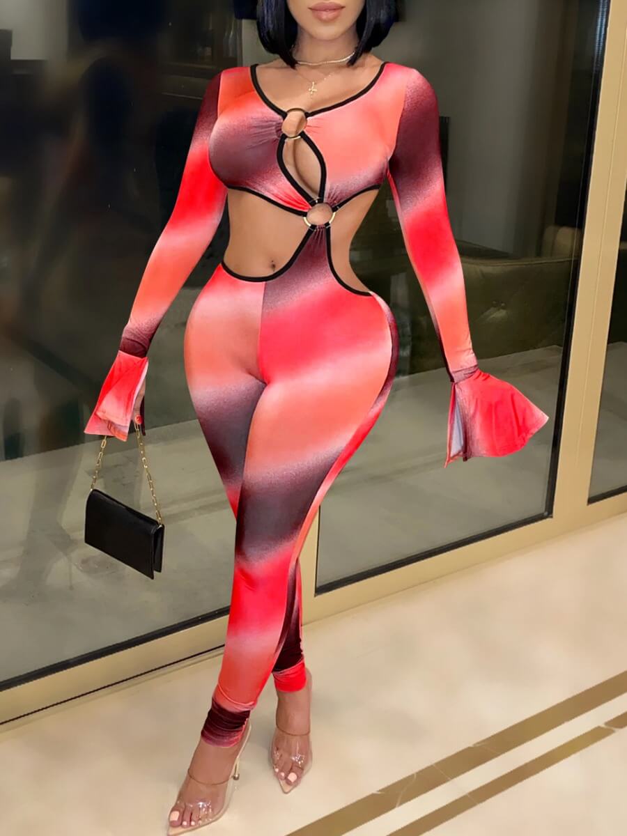 

Lovely Sexy Tie-dye Hollow-out Red One-piece Jumpsuit