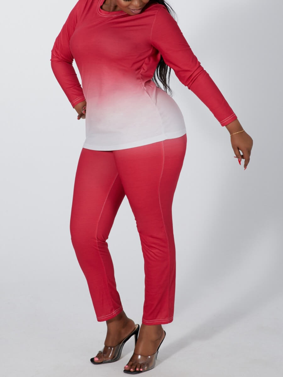 

Lovely Casual O Neck Gradient Print Rose Red Plus Size Two-piece Pants Set