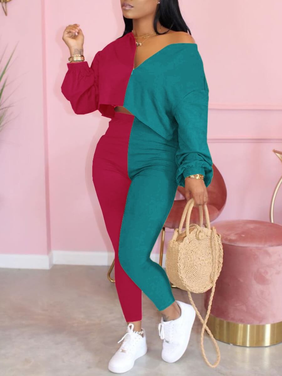 

Lovely Casual Patchwork Purplish Red Two Piece Pants Set