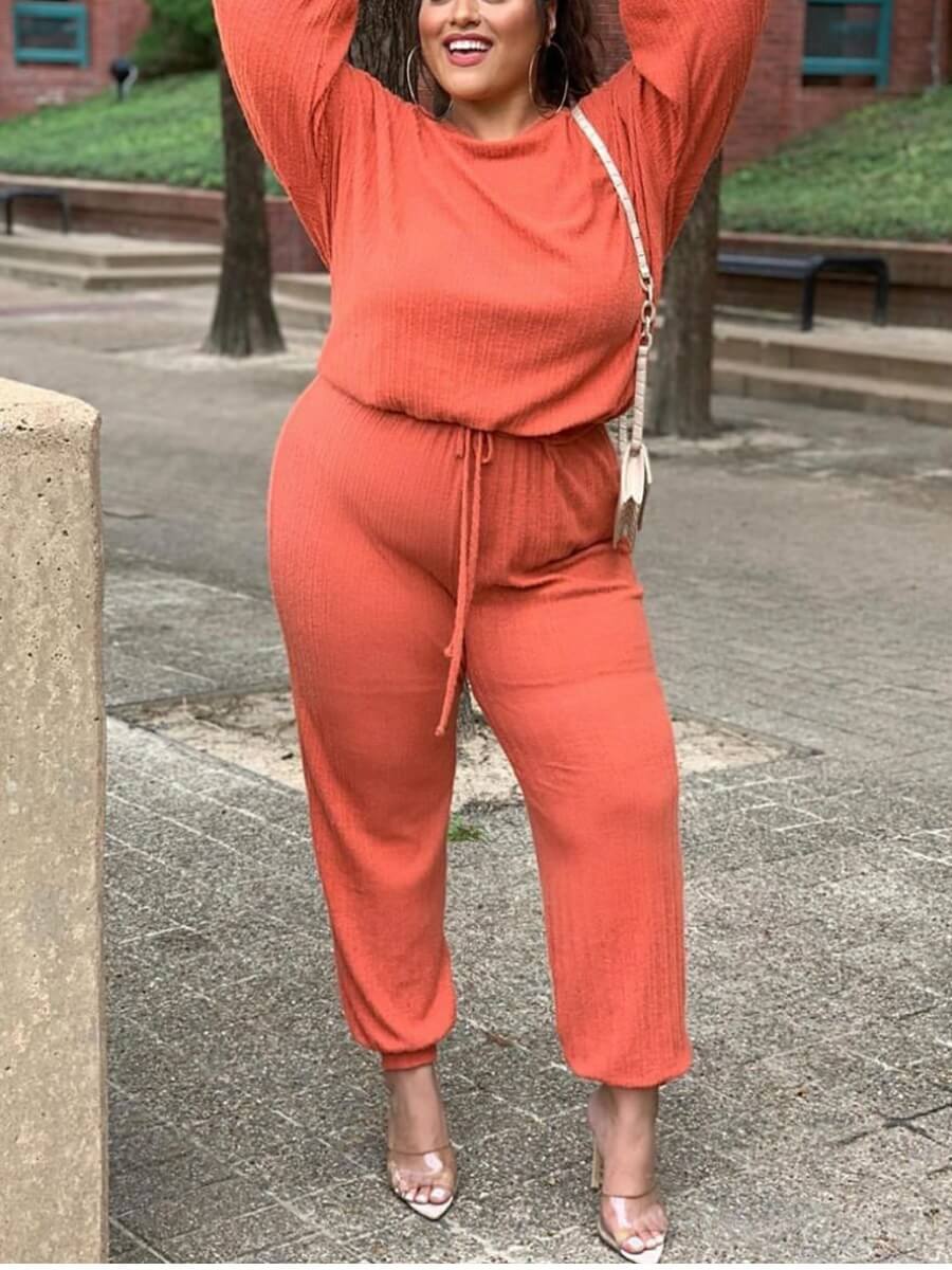 

Lovely Casual O Neck Lace-up Jacinth Plus Size Two-piece Pants Set