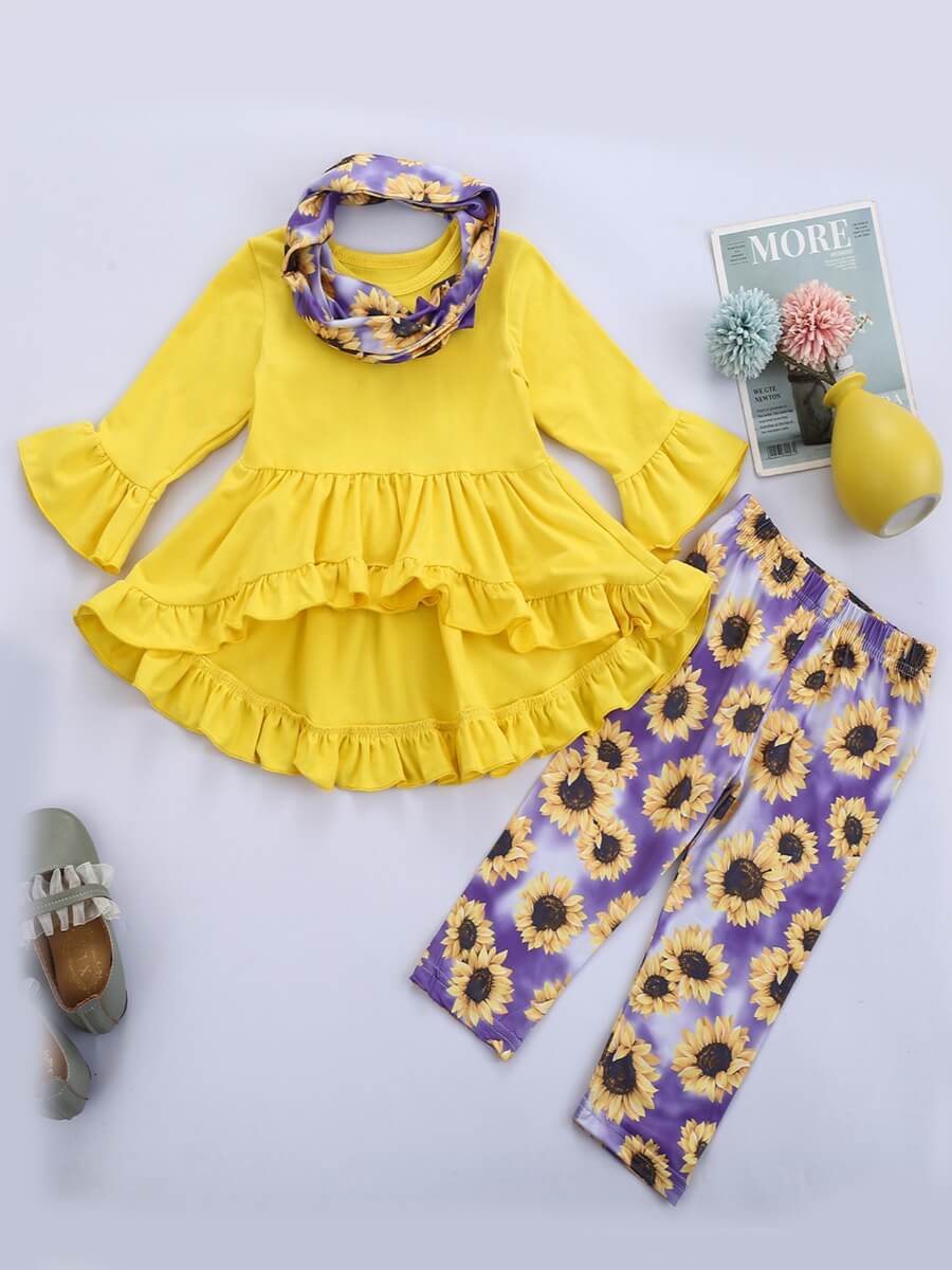 

Lovely Sweet O Neck Print Flounce Design Yellow Girl Two-piece Pants Set