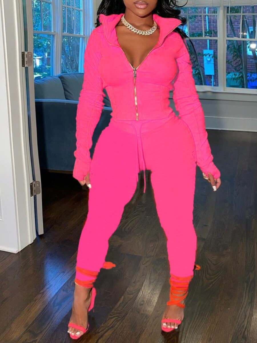 

Lovely Sportswear Turndown Collar Zipper Design Pink Two Piece Pants Set