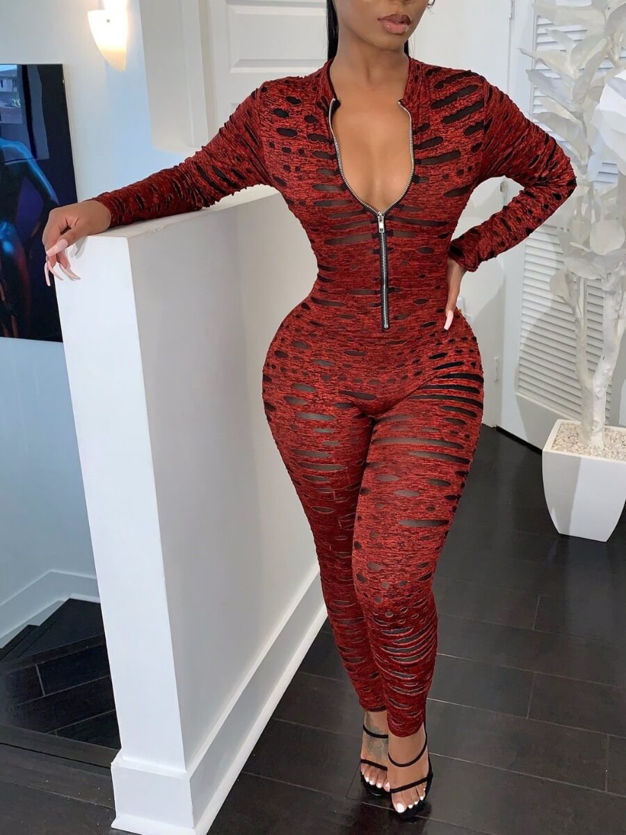 

Lovely Stylish Zipper Design Skinny Wine Red One-piece Jumpsuit