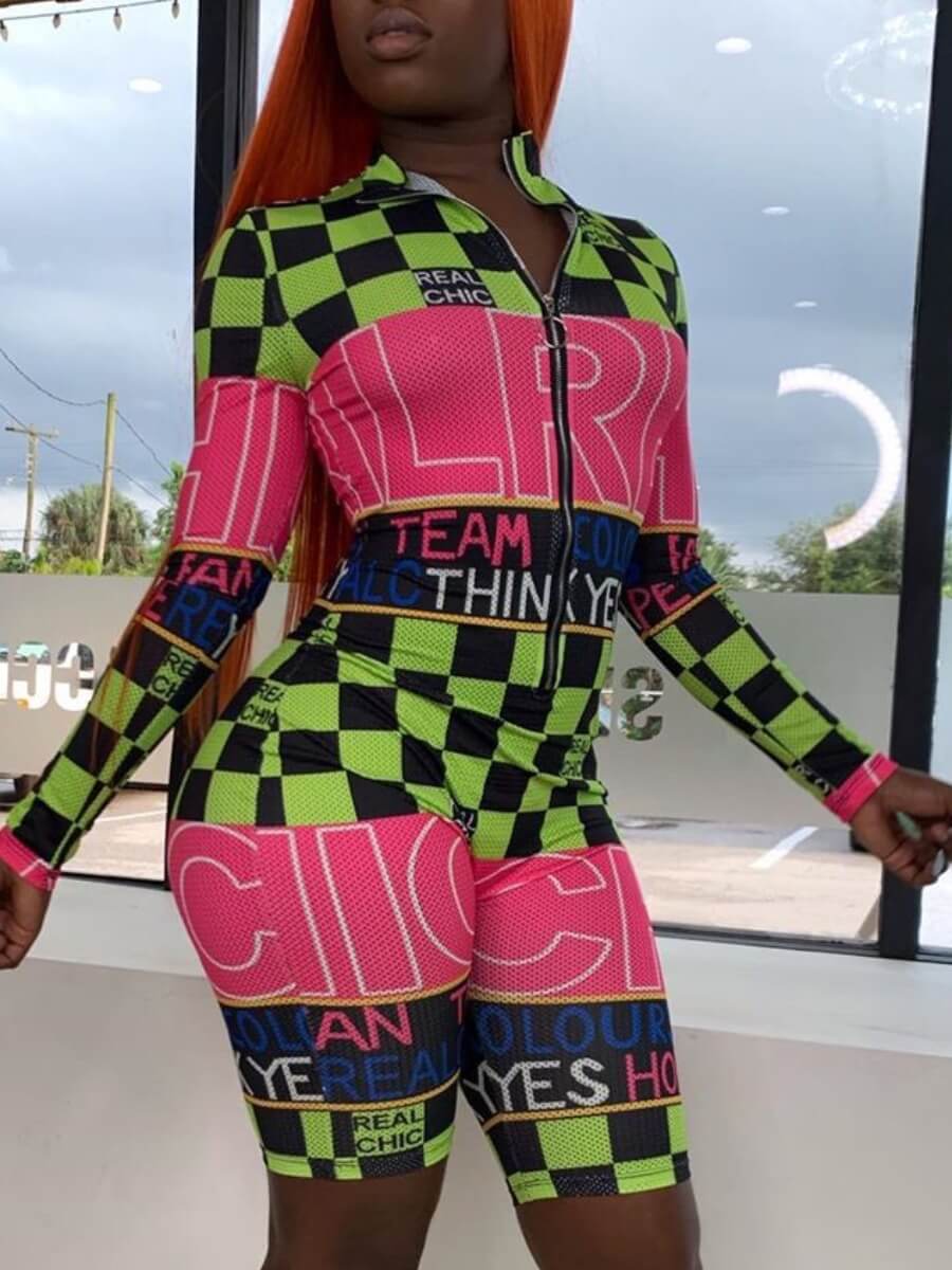 

Lovely Stylish Print Patchwork Green One-piece Romper