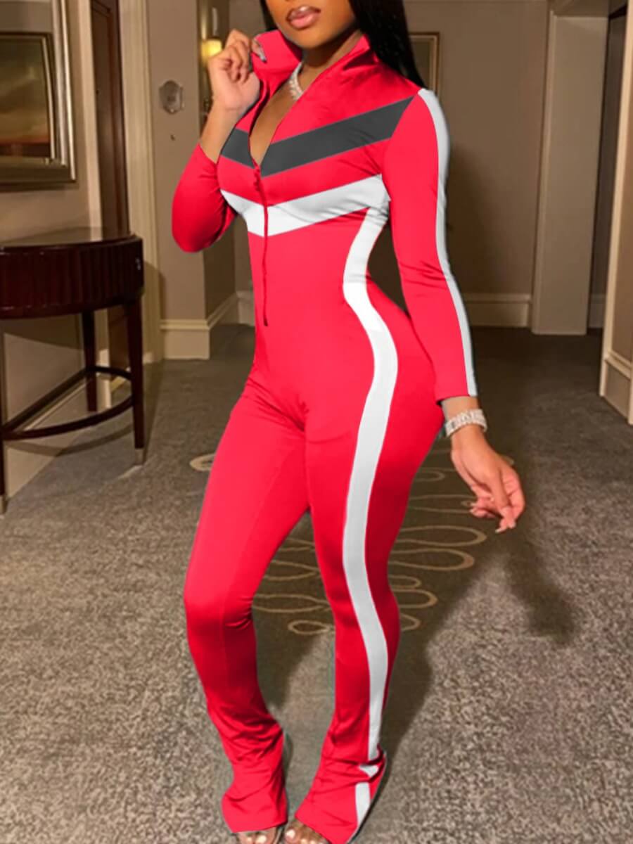 

Lovely Sportswear Turndown Collar Patchwork Zipper Design Red One-piece Jumpsuit