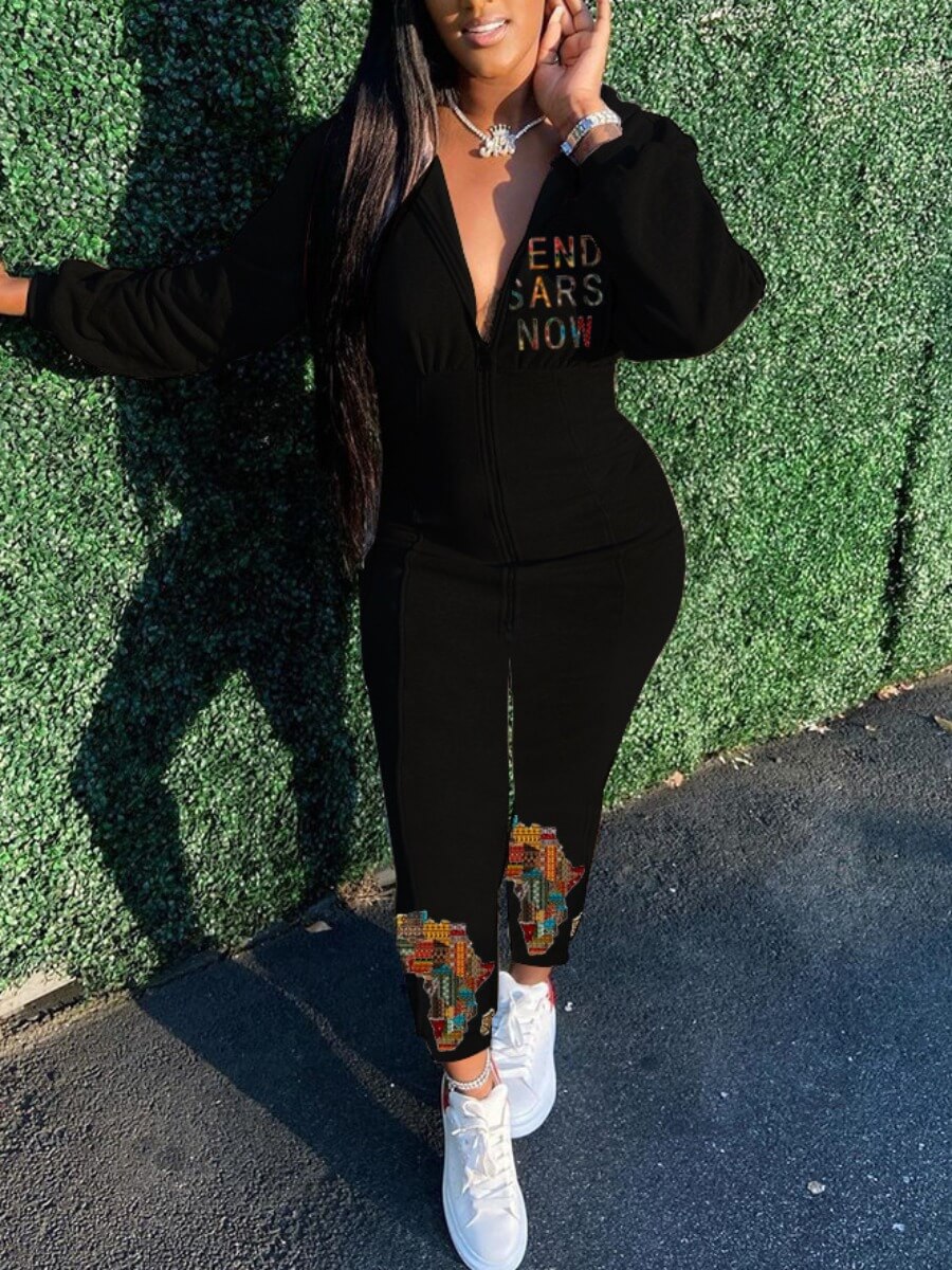 

Lovely Stylish Letter Print Zipper Design Black One-piece Jumpsuit