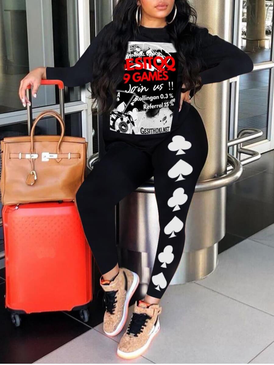 

Lovely Street O Neck Print Black Two Piece Pants Set