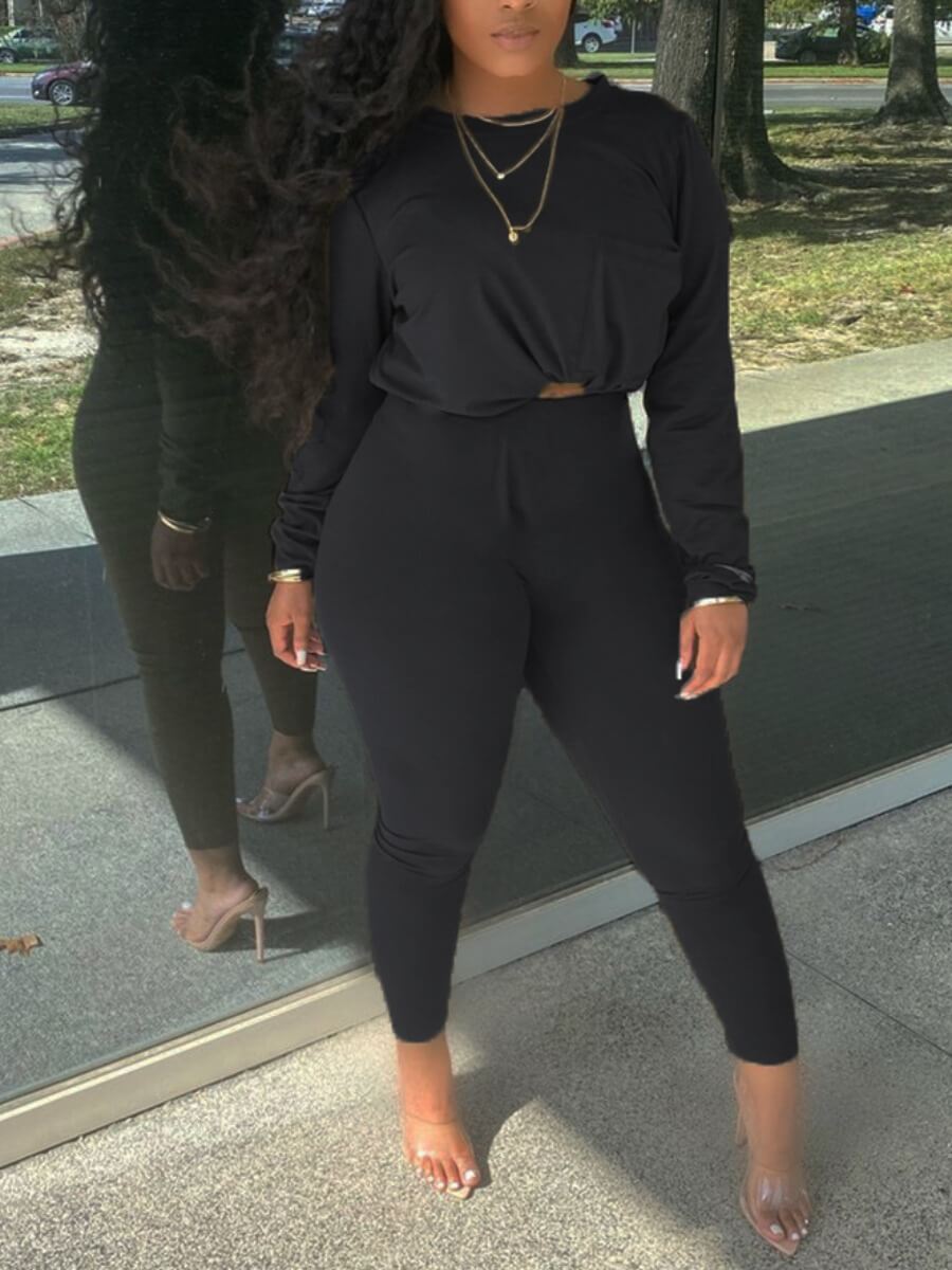 

Lovely Leisure O Neck Basic Skinny Black Two Piece Pants Set