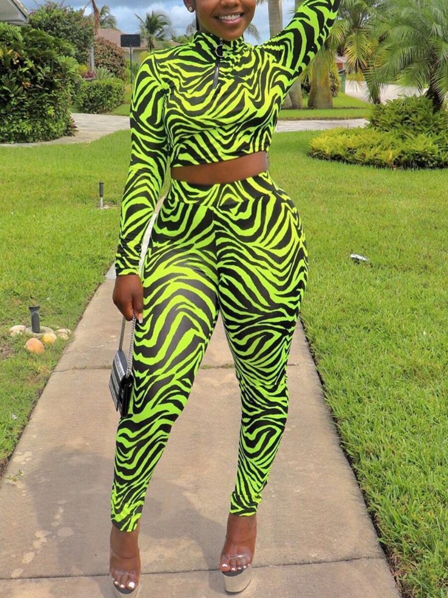 

Lovely Stylish Turtleneck Striped Print Green Two Piece Pants Set