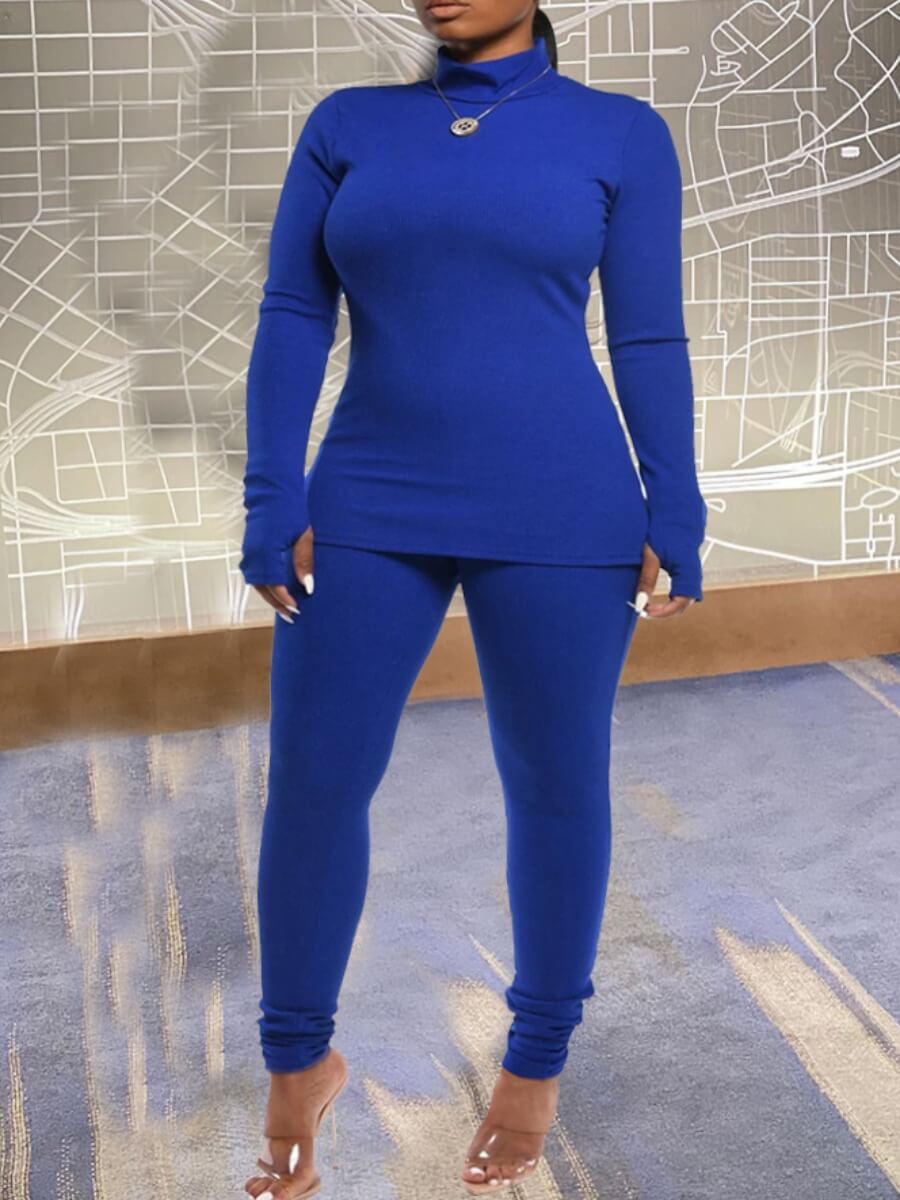 

Lovely Leisure Turtleneck Basic Skinny Blue Two Piece Pants Set