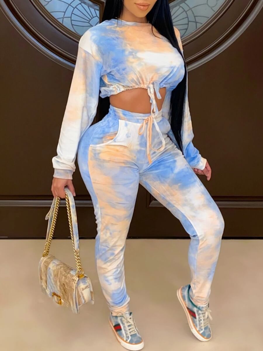 

Lovely Leisure O Neck Tie Dye Blue Two Piece Pants Set