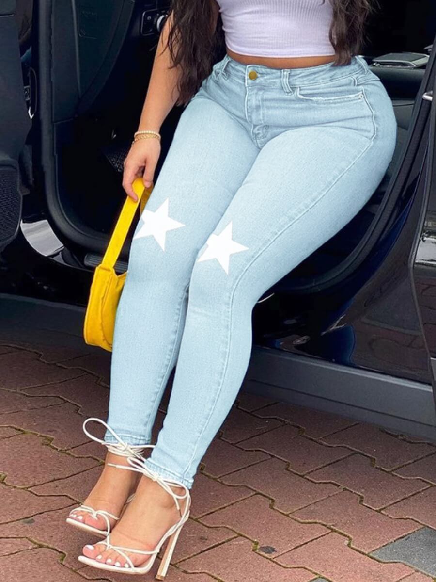 

Lovely Trendy Pentagram Print Baby Blue Jeans