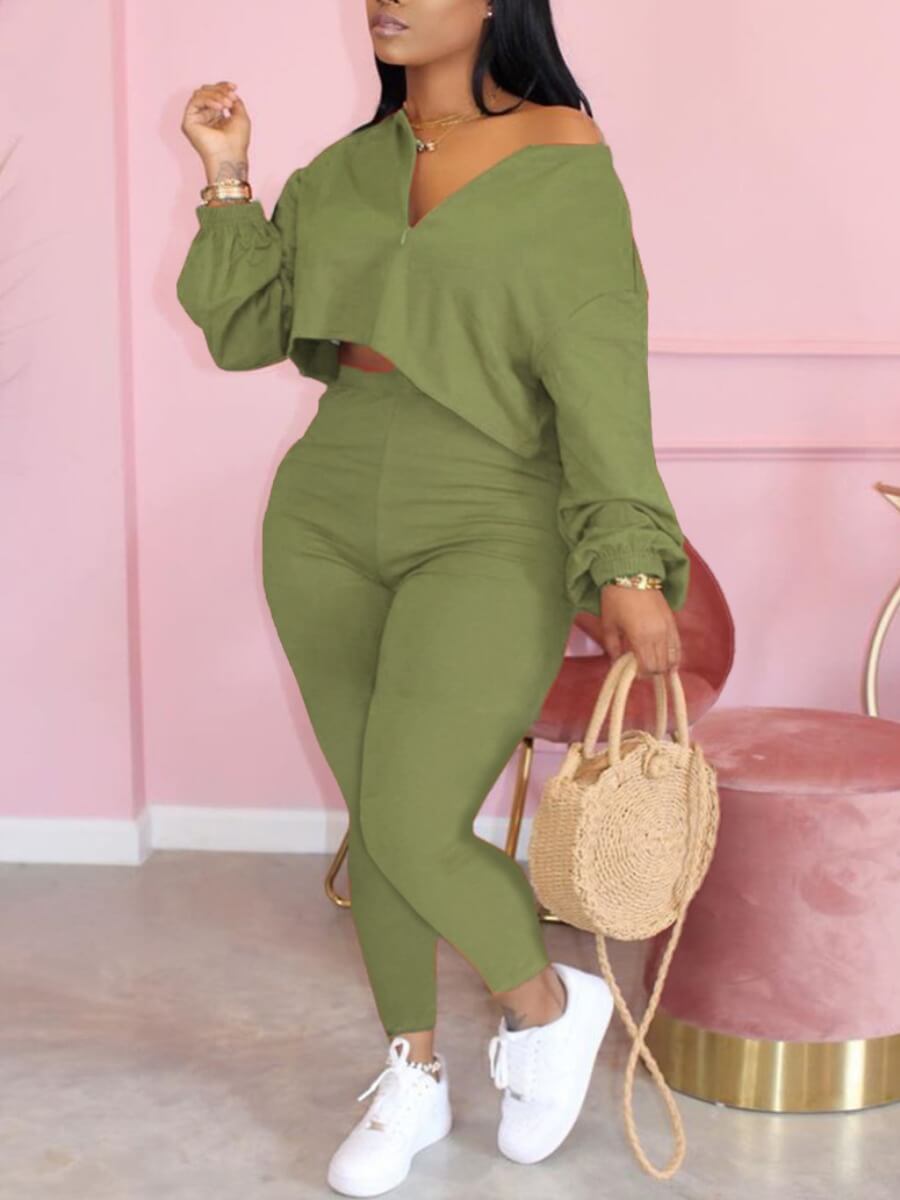

Lovely Casual Zipper Design Army Green Plus Size Two-piece Pants Set