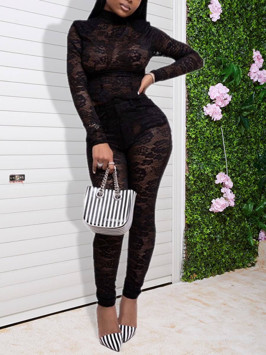 

Lovely Stylish Turtleneck Lace See-through Black One-piece Jumpsuit