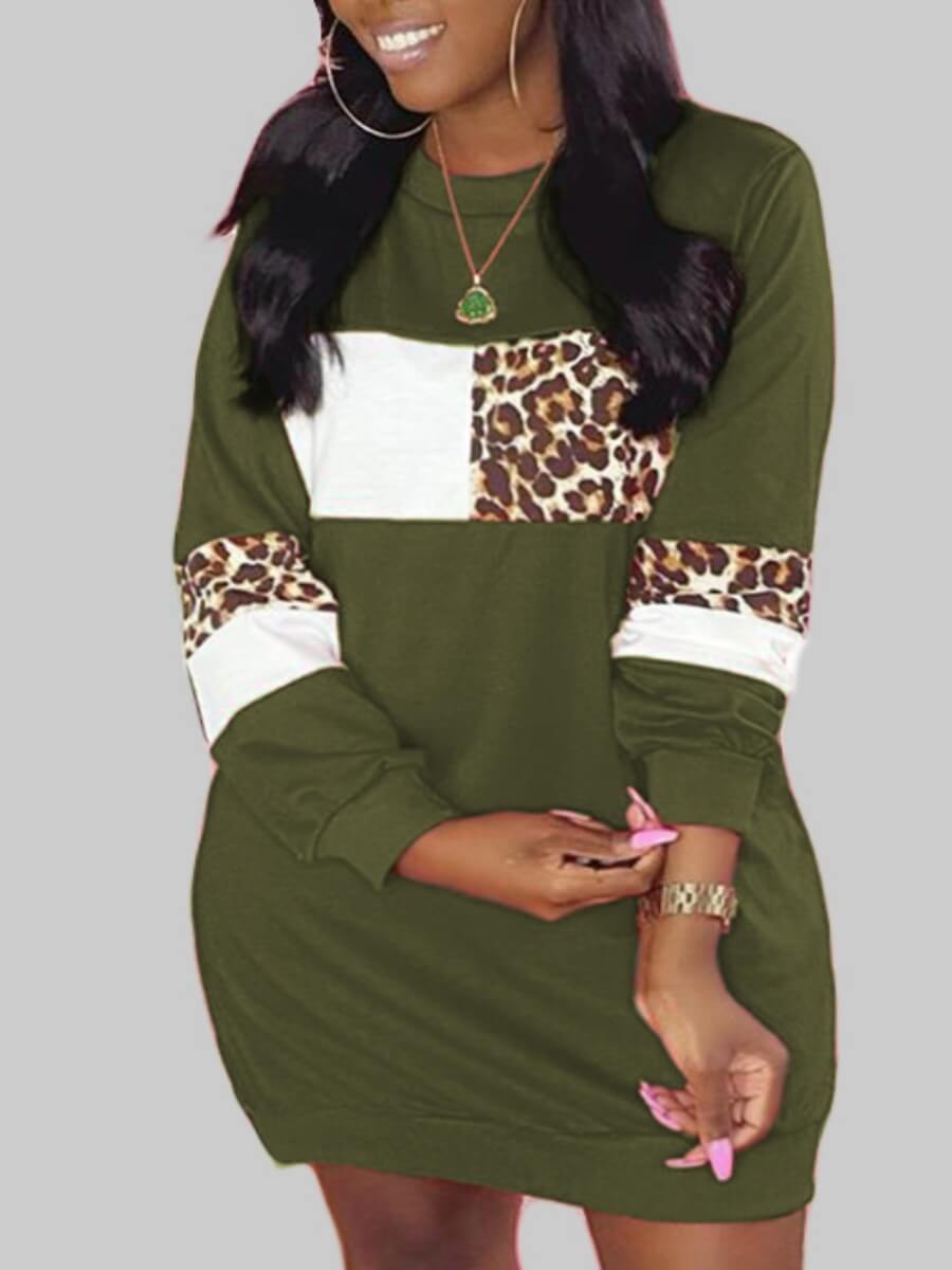 

Lovely Casual O Neck Leopard Print Patchwork Green Mini Plus Size Dress