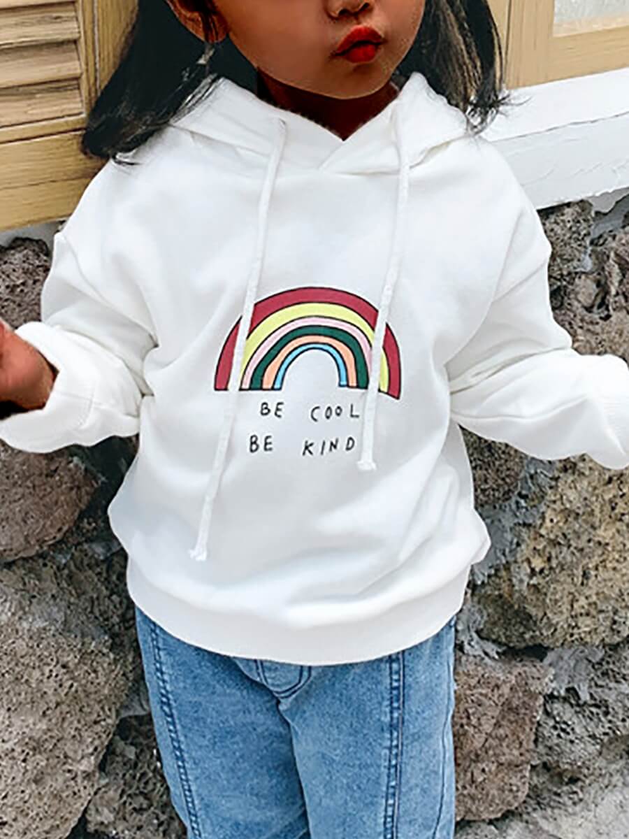 

Lovely Casual Hooded Collar Rainbow Print White Girl Hoodie