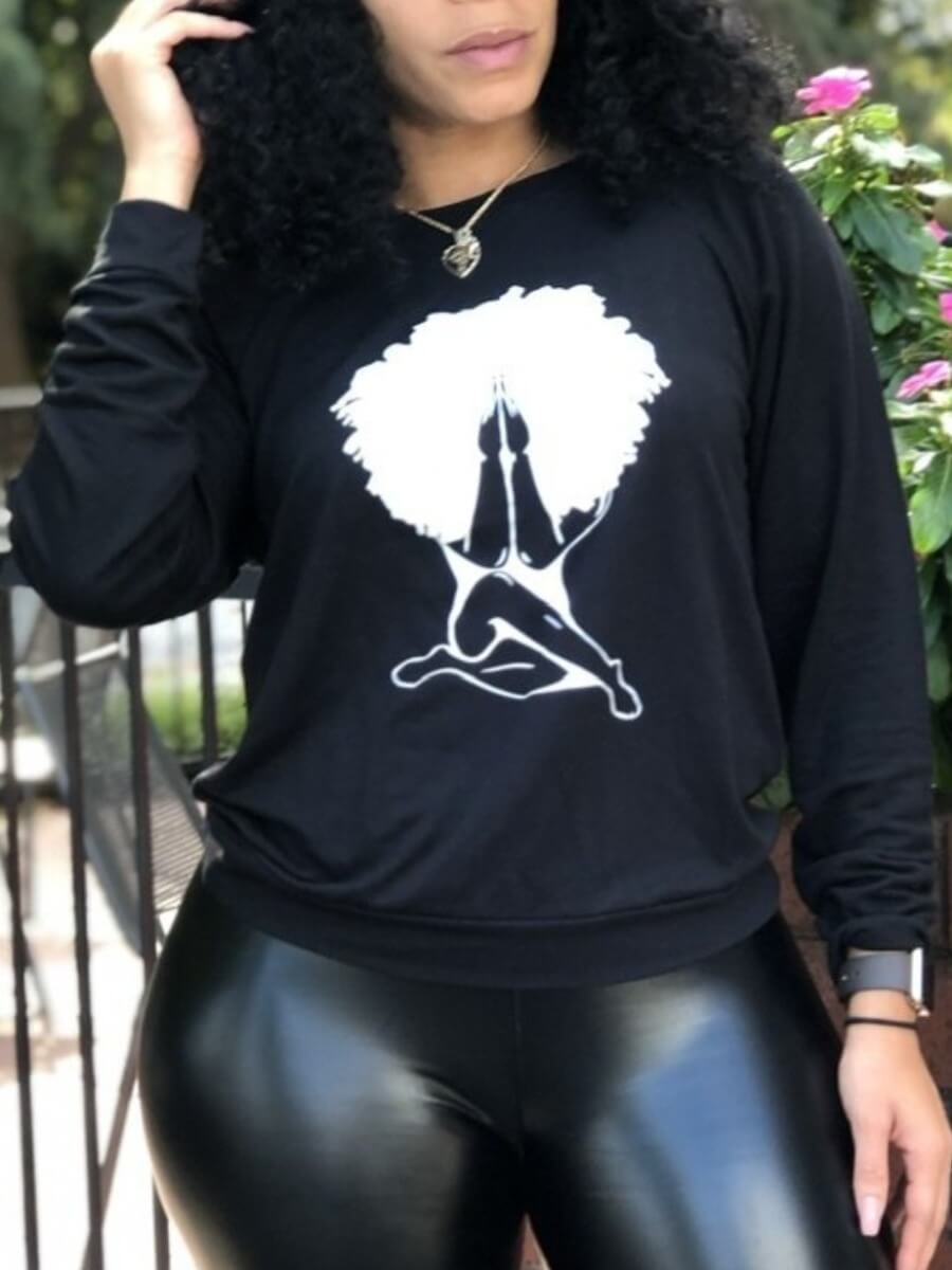 

Lovely Casual O Neck Print Black Plus Size Hoodie