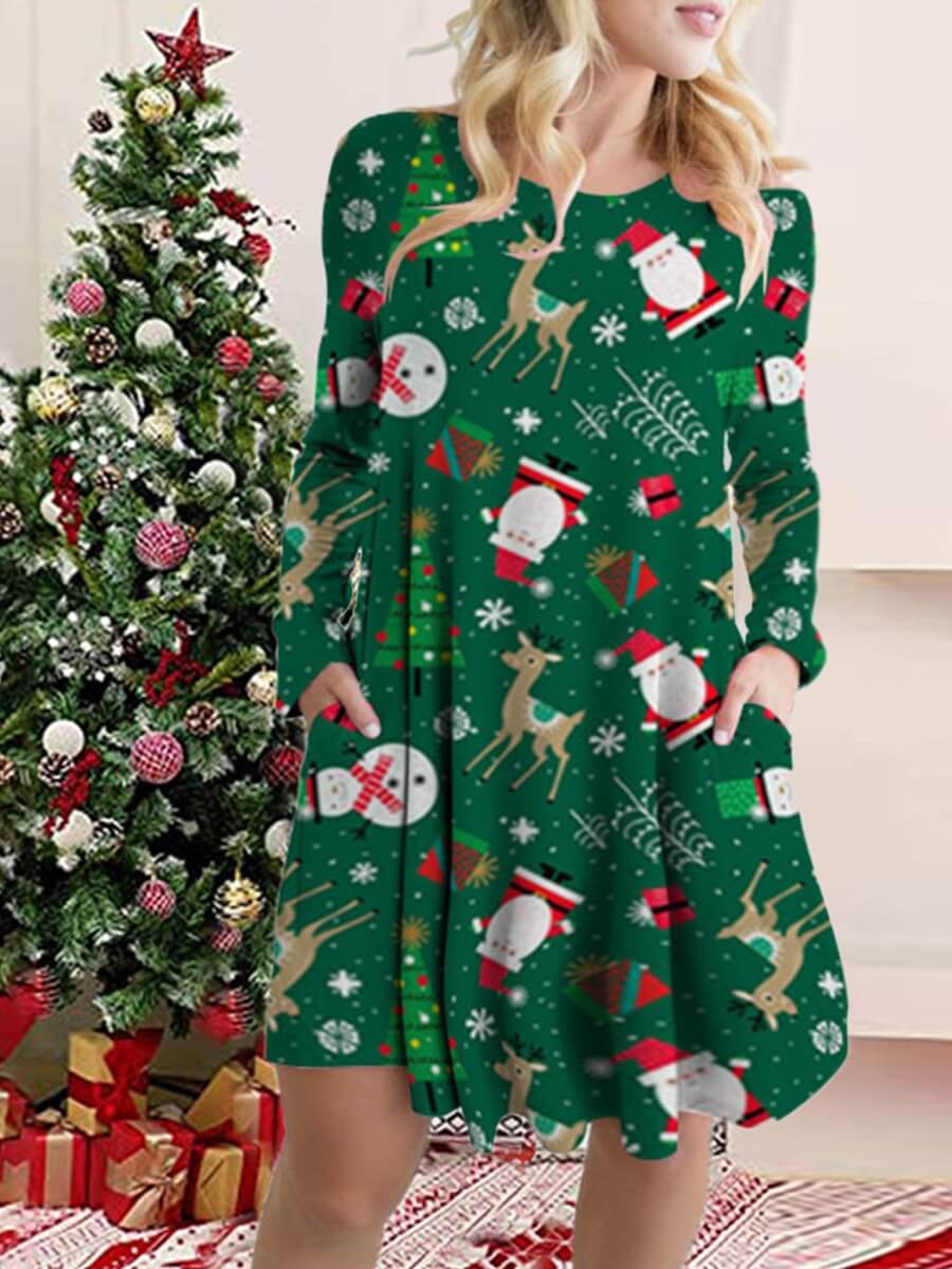 

Lovely Christmas Day O Neck Print Green Mini Plus Size Dress