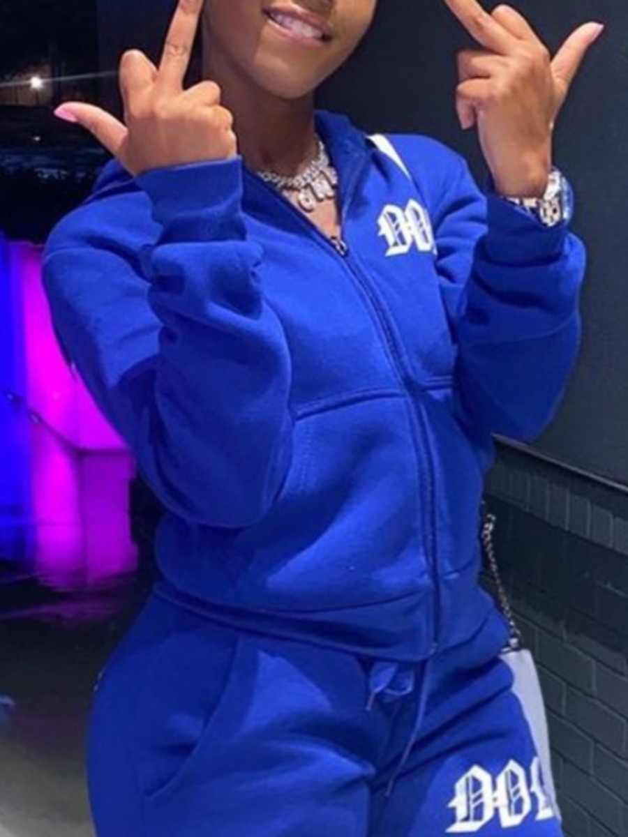 

Lovely Sportswear Letter Print Kangaroo Pocket Blue Plus Size Hoodie