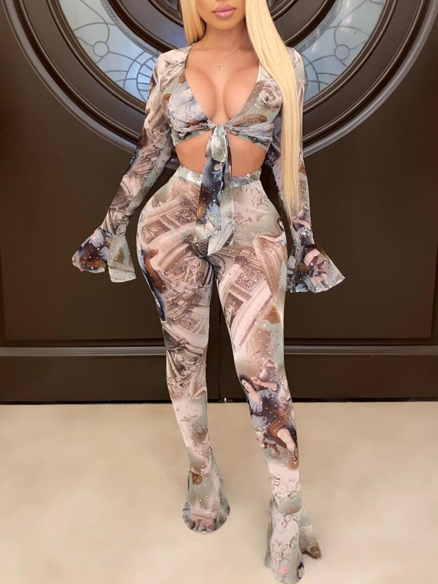 

Lovely Trendy Print Knot Design Grey Two Piece Pants Set