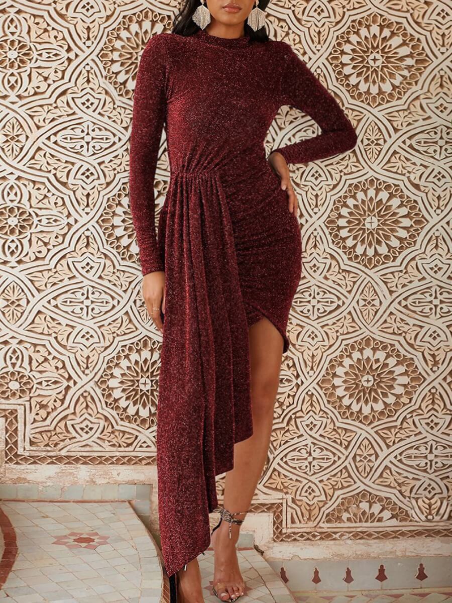 

Lovely Party O Neck Flounce Design Wine Red Ankle Length Dress