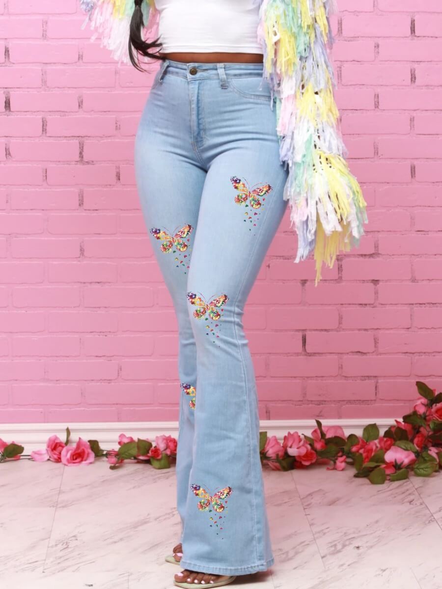 

Lovely Trendy Butterfly Print Baby Blue Jeans