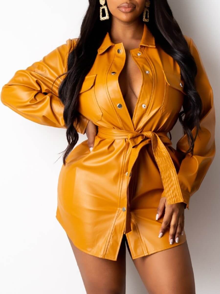 

Lovely Trendy Turndown Collar Buttons Design Yellow Leather