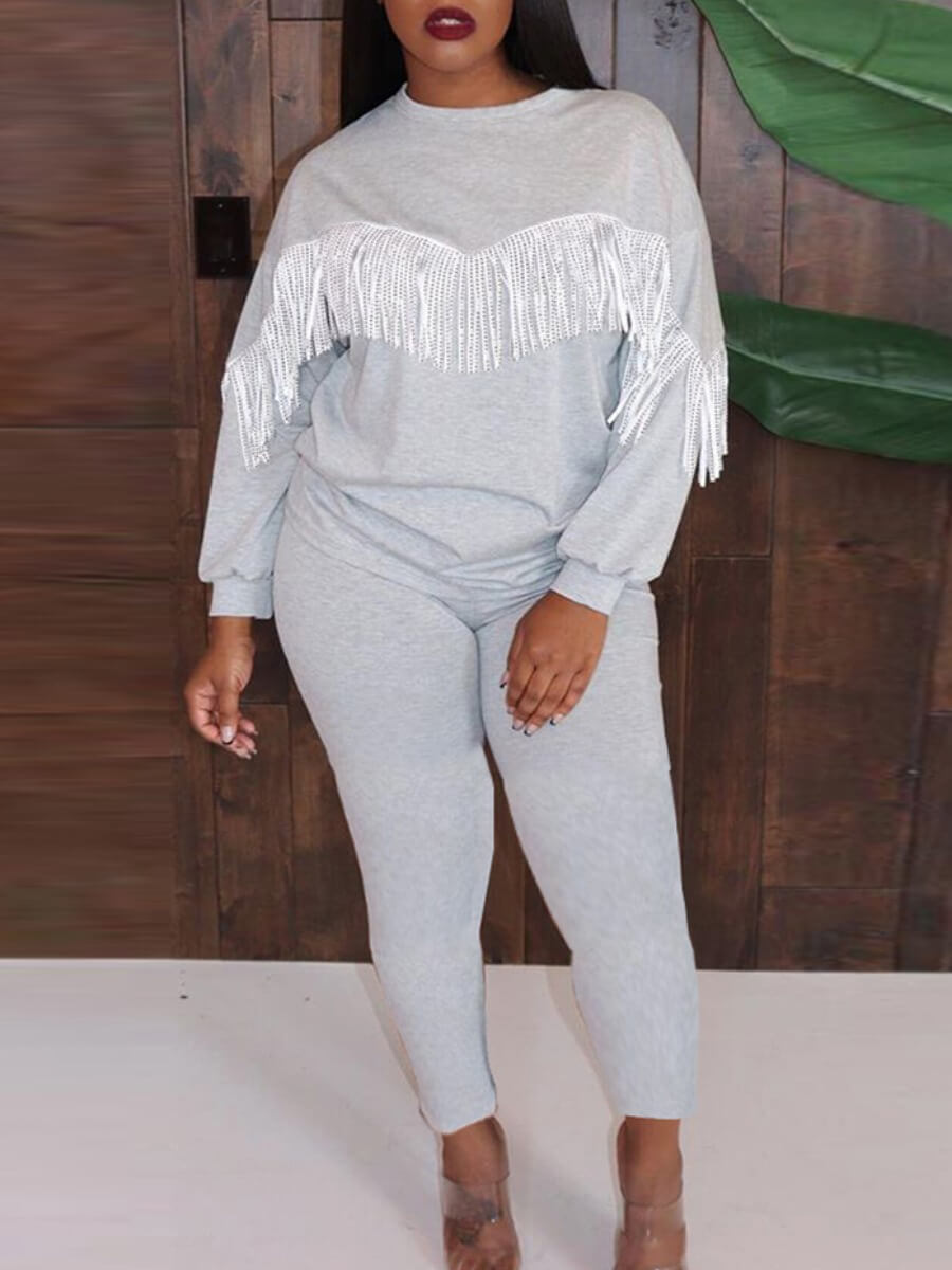 

Lovely Casual O Neck Tassel Design Grey Two Piece Pants Set