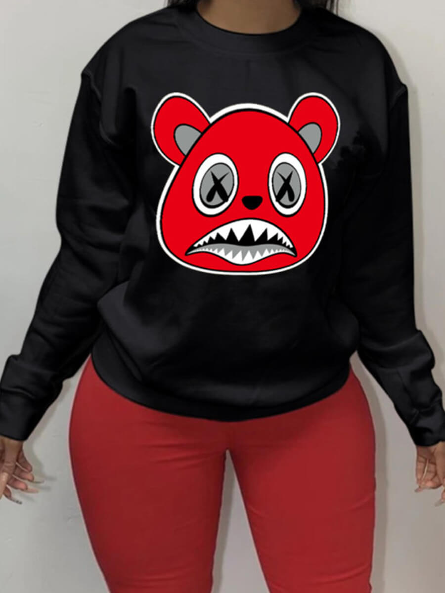 

Lovely Casual O Neck Cartoon Print Black Plus Size Hoodie