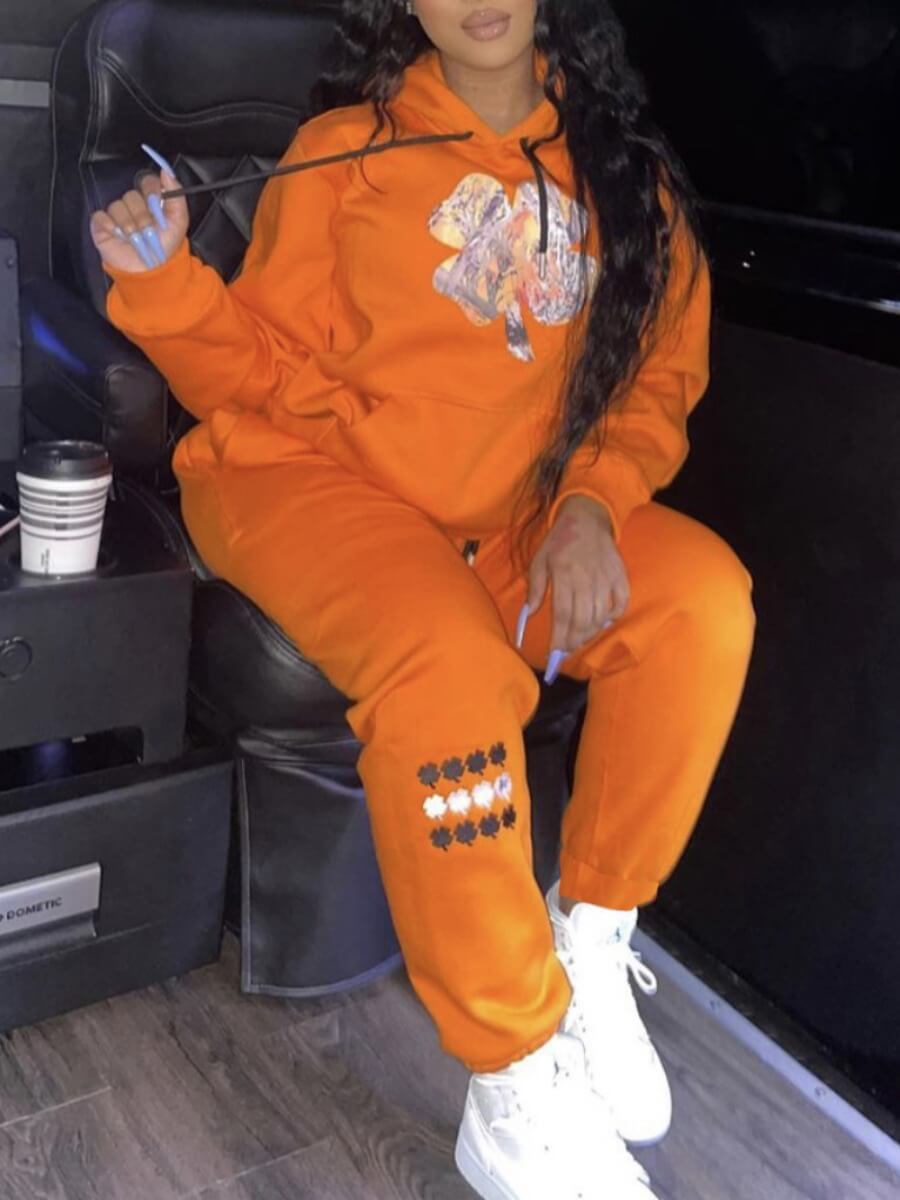 

Lovely Casual Hooded Collar Print Croci Two Piece Pants Set