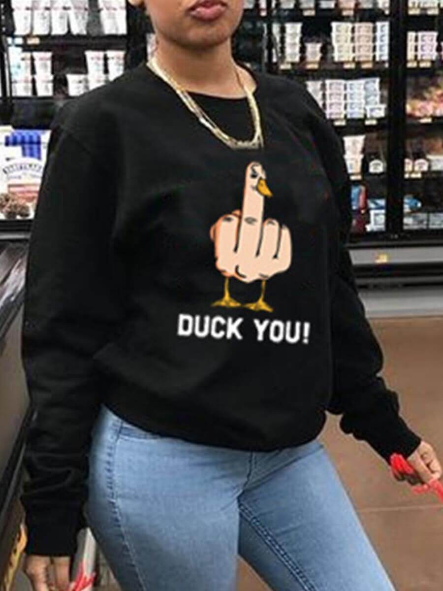 

Lovely Street O Neck Letter Print Black Plus Size Hoodie