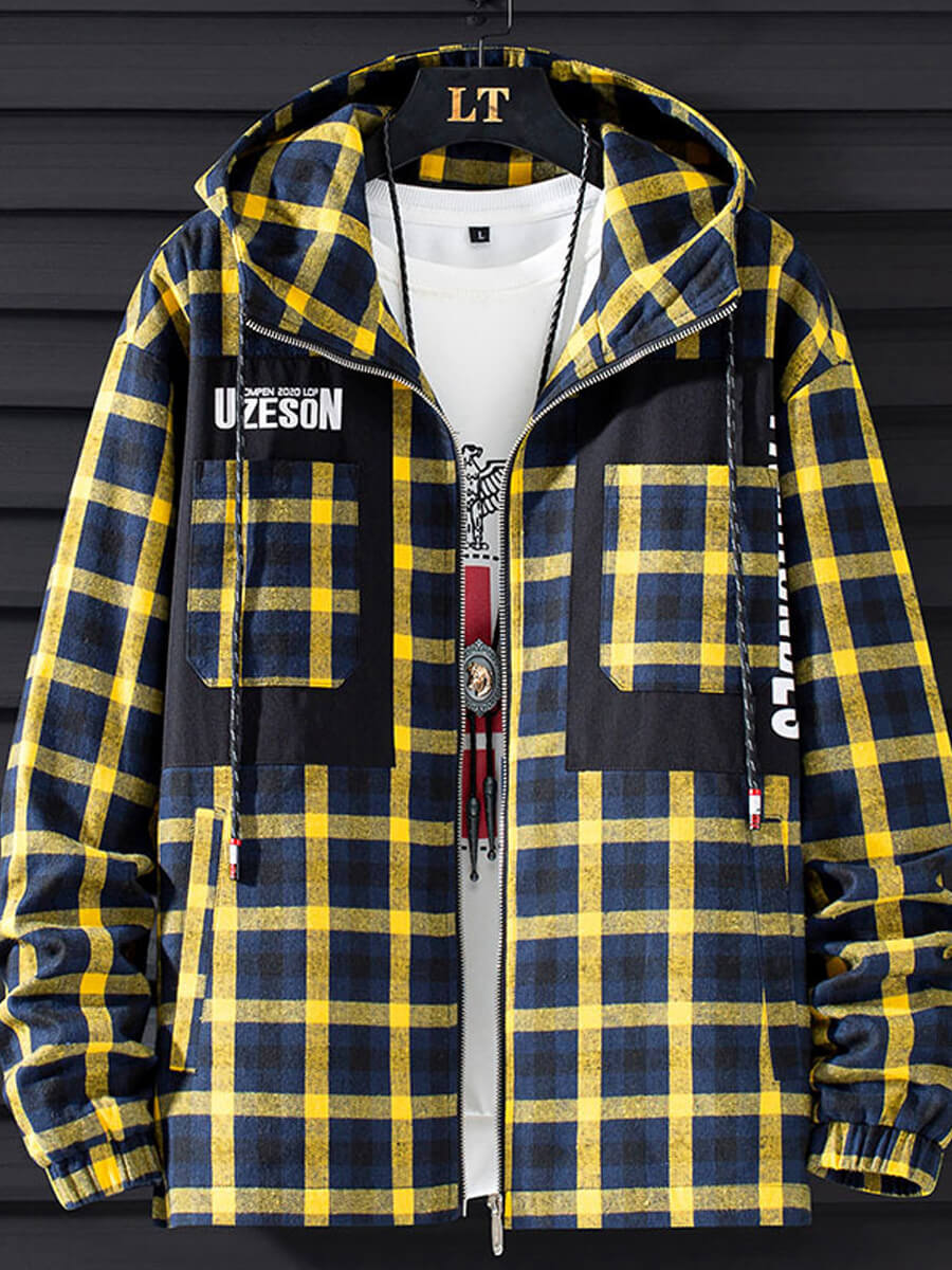 

Lovely Casual Hooded Collar Grid Print Yellow Men Jacket