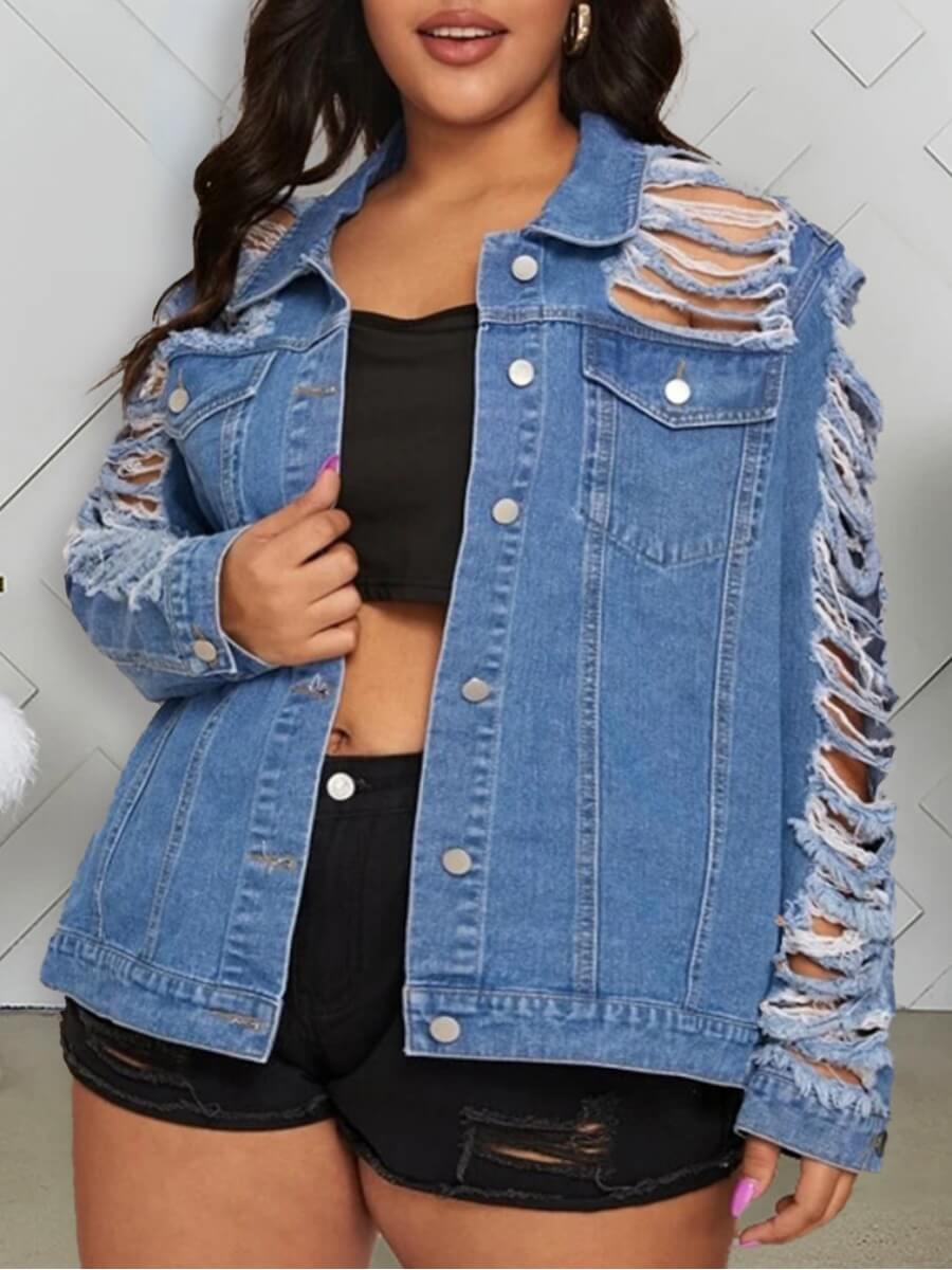

Lovely Street Backless Hollow-out Blue Plus Size Denim Jacket