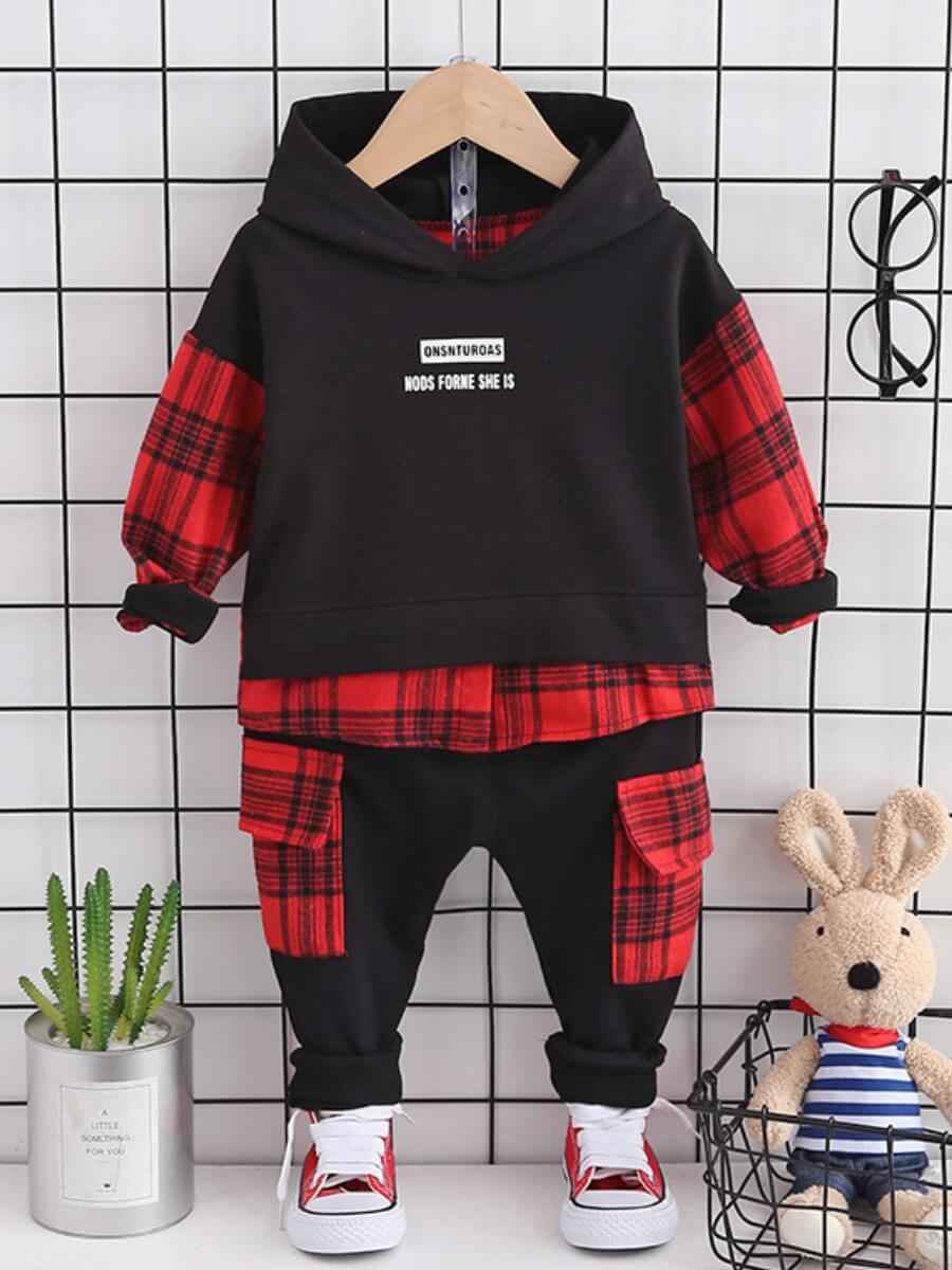 

Lovely Street Hooded Collar Letter Print Red Boy Two-piece Pants Set