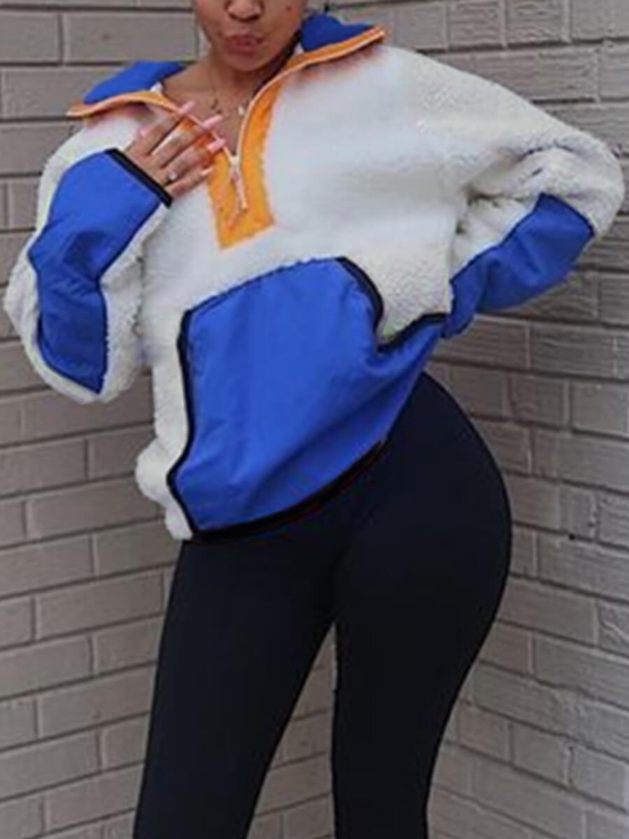 

Lovely Casual Turndown Collar Patchwork Blue Hoodie