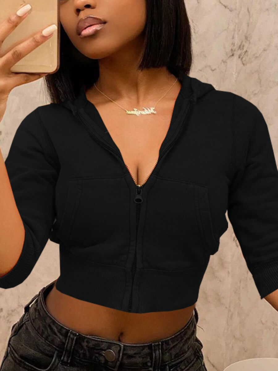 

LW BASICS Hooded Collar Zipper Design Hoodie, Black