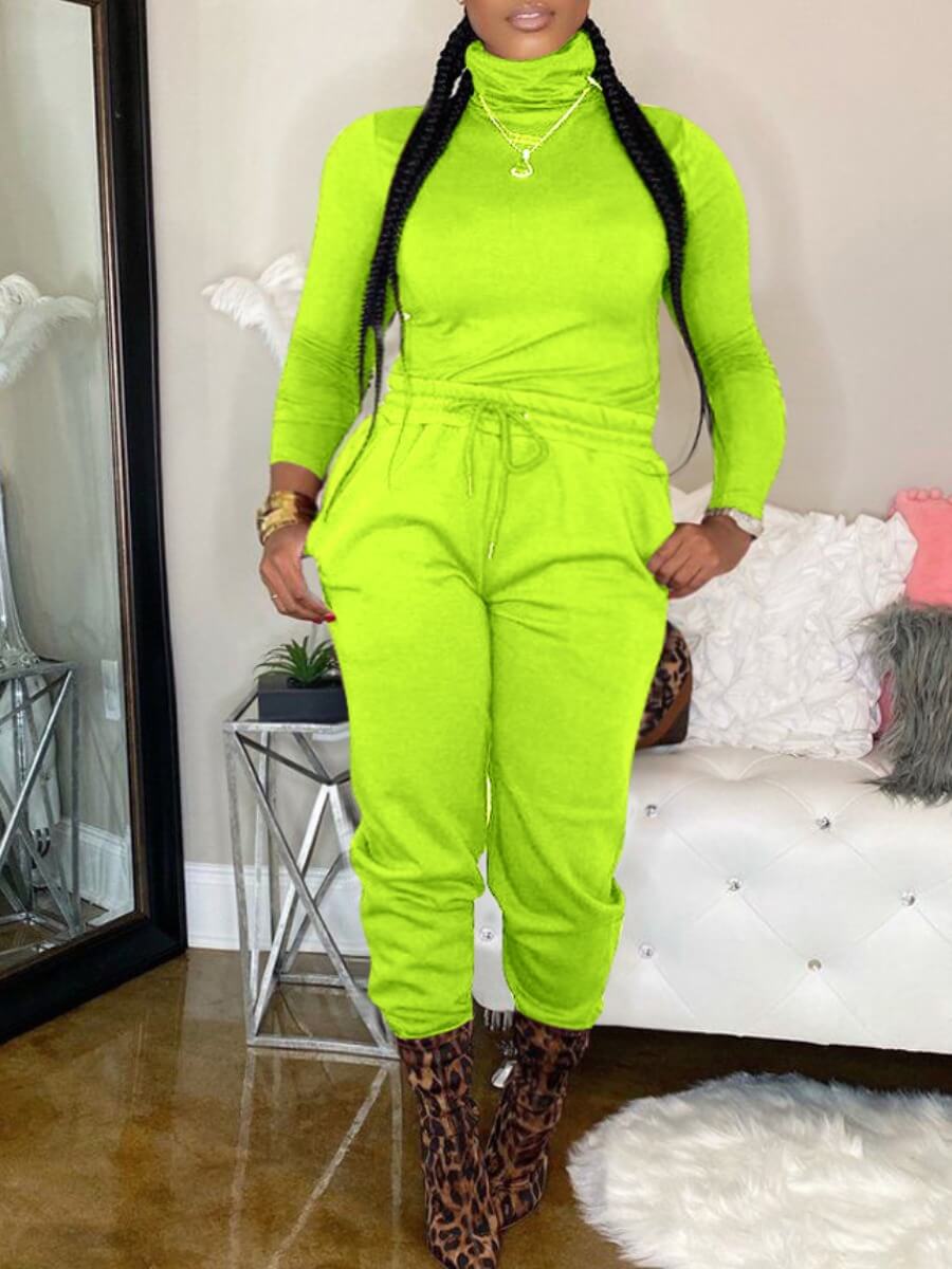 

Lovely Casual Turtleneck Drawstring Green Two Piece Pants Set