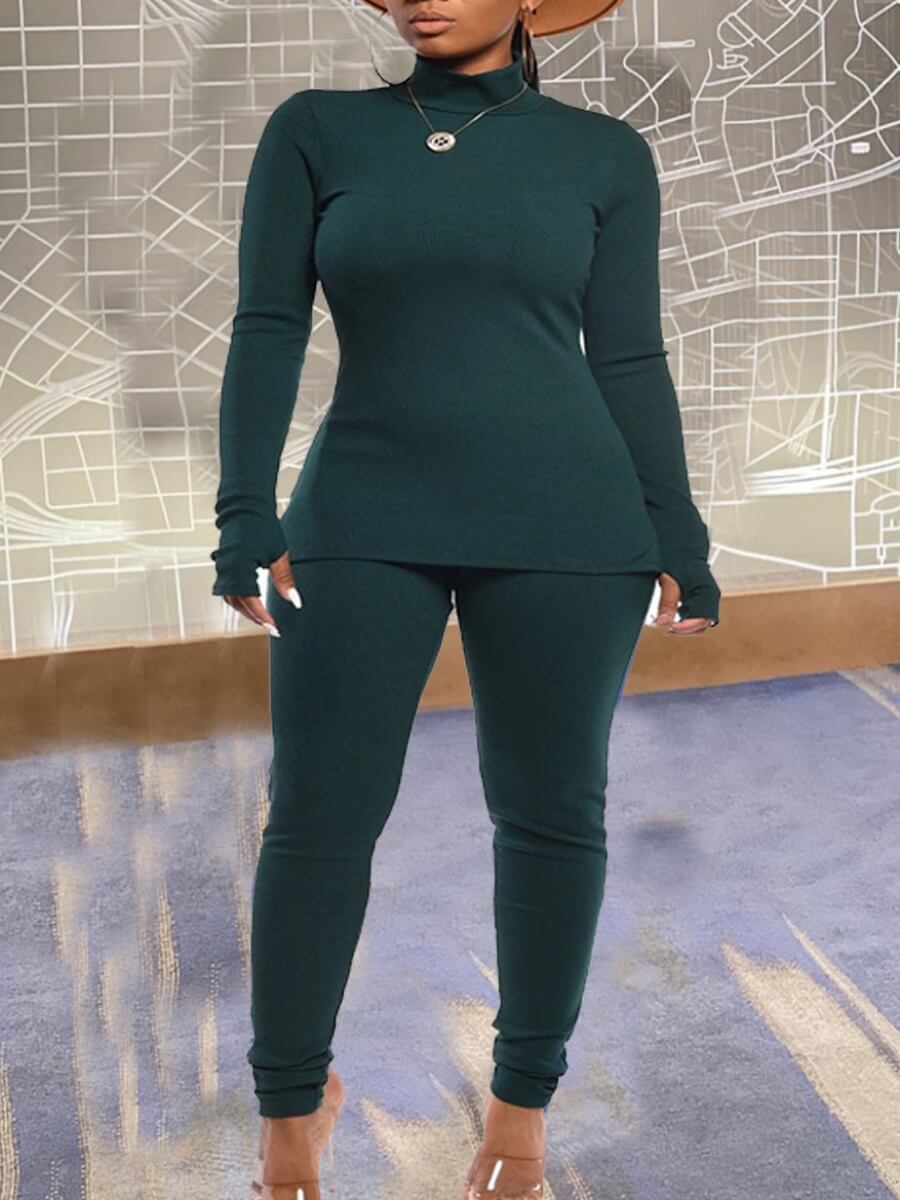 

Lovely Leisure Turtleneck Green Two Piece Pants Set