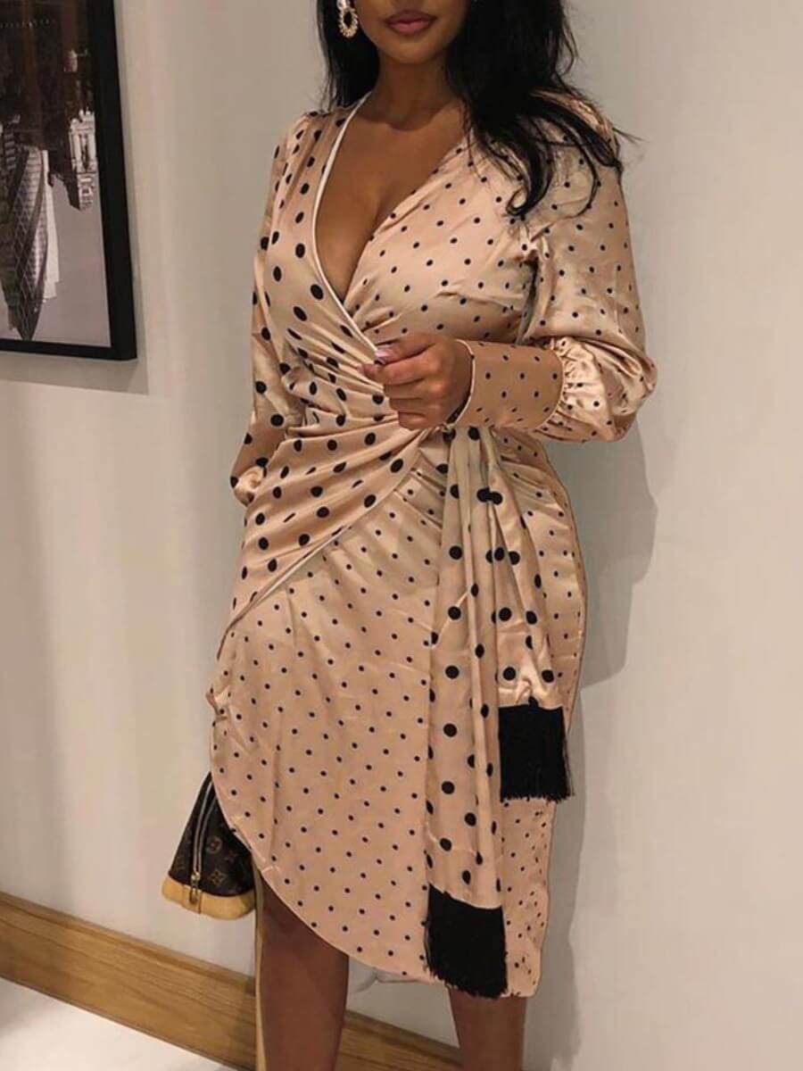 

Lovely Trendy Deep V Neck Dot Print Brown Knee Length Dress