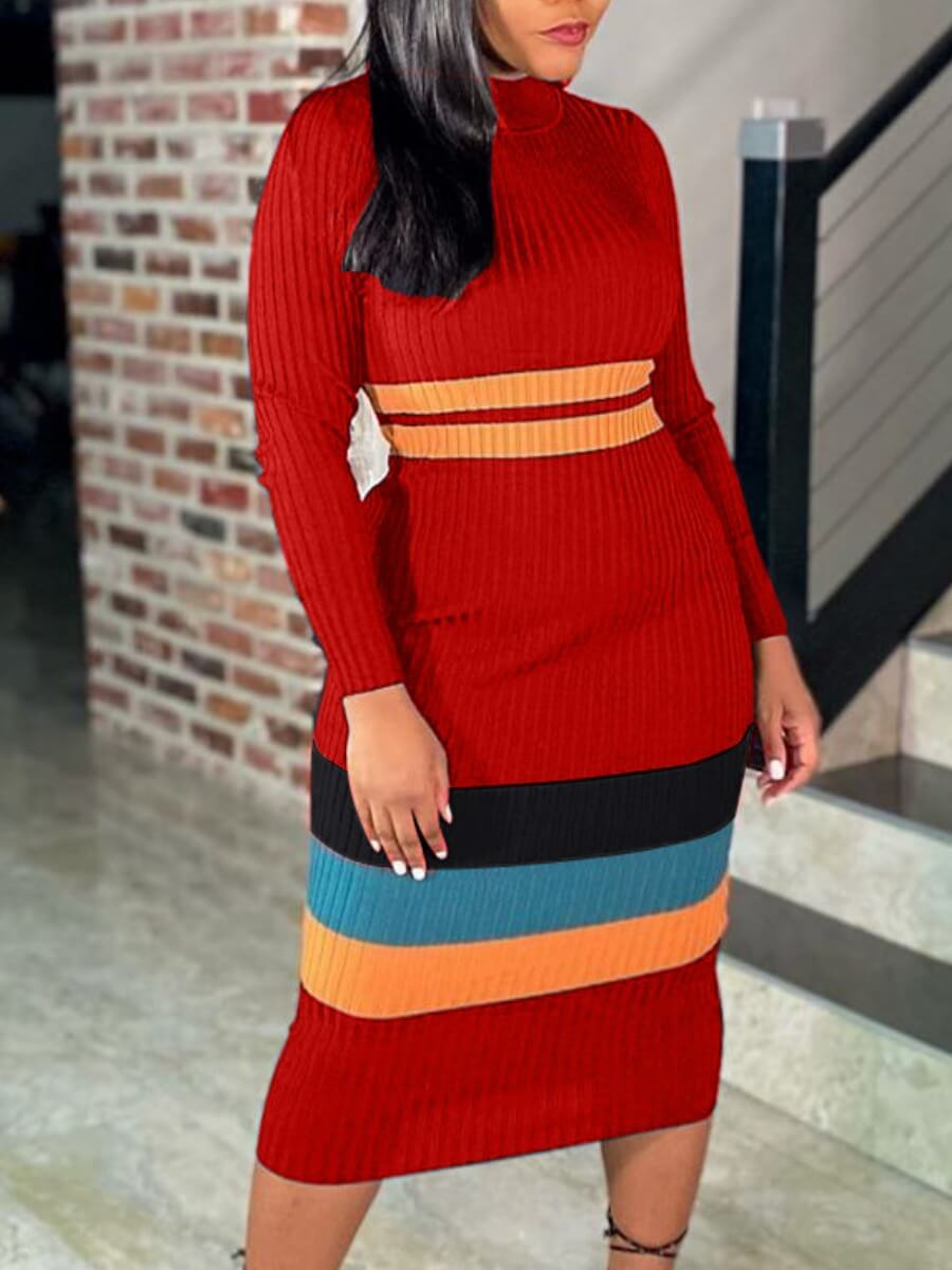 

Lovely Stylish O Neck Patchwork Red Mid Calf Dress