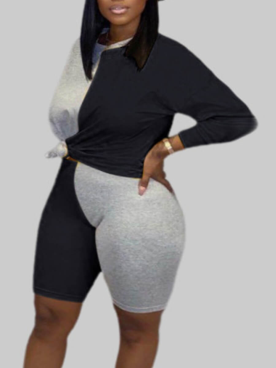 

Lovely Casual O Neck Long Sleeve Patchwork Black Plus Size Two Piece Shorts Set
