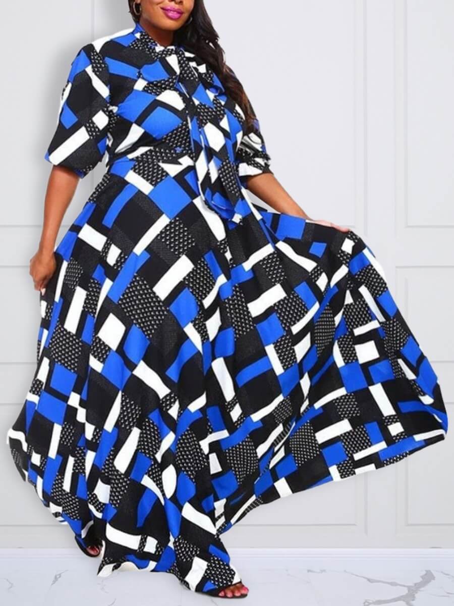 

Lovely Trendy Ribbon Collar Print Blue Maxi Plus Size Dress