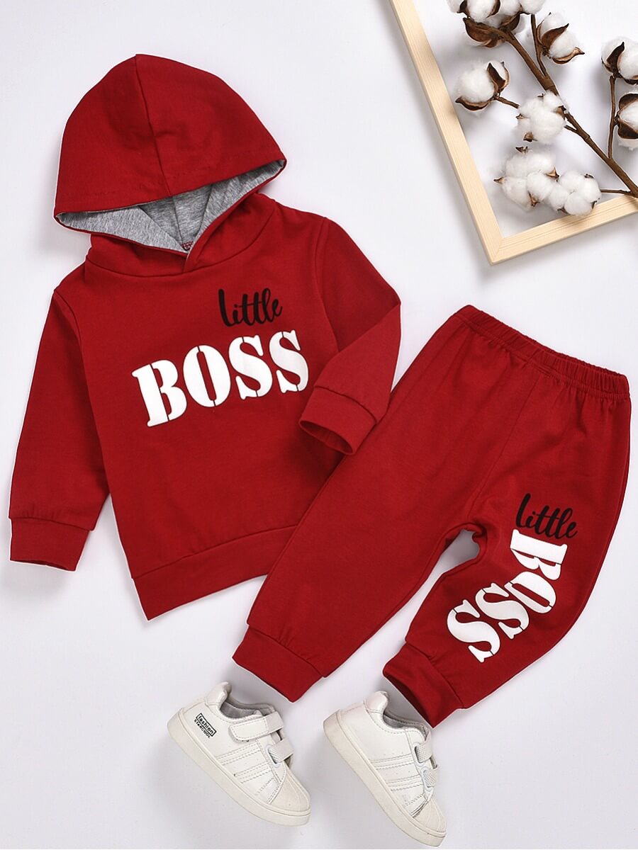 

Lovely Sportswear Hooded Collar Letter Print Wine Red Boy Two-piece Pants Set