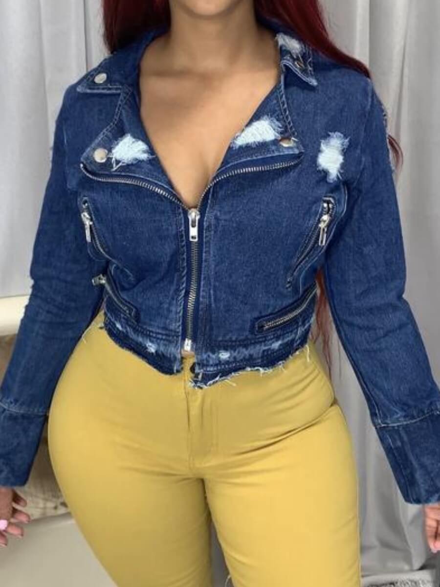 

Lovely Street Turndown Collar Broken Holes Deep Blue Denim Jacket