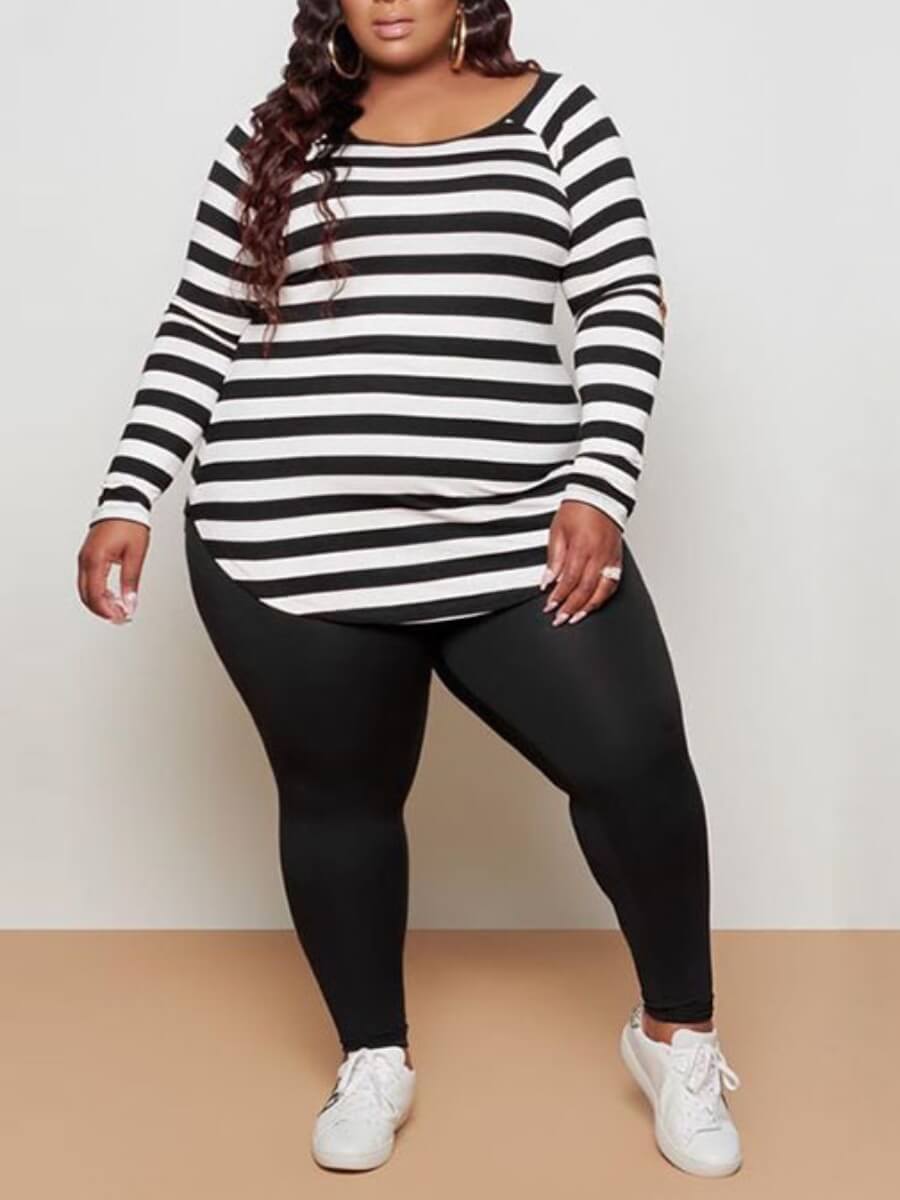 

Lovely Casual Boat Neck Long Sleeve Striped Black Plus Size Two-piece Pants Set