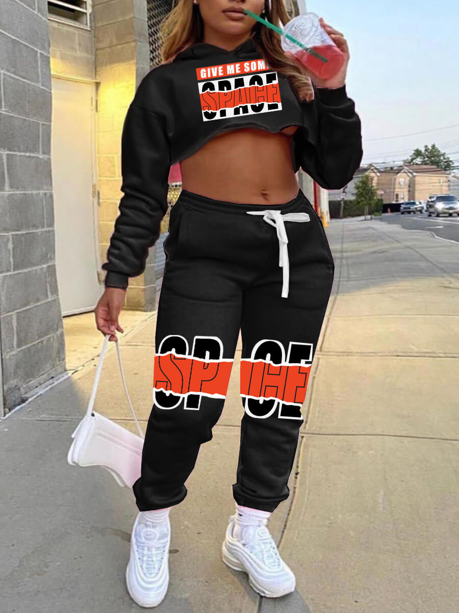 

Lovely Leisure Hooded Collar Print Crop Top Black Two Piece Pants Set