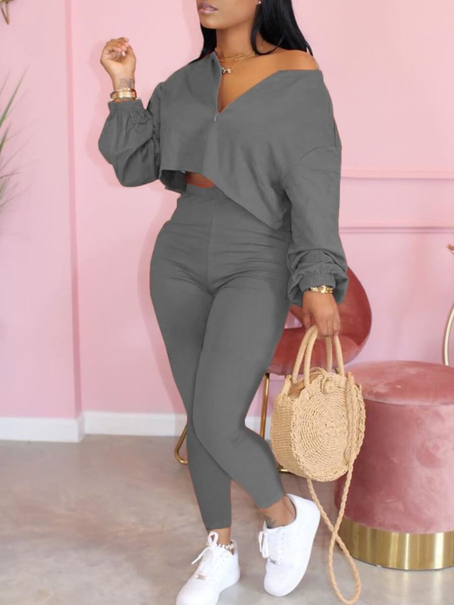 

Lovely Casual Zipper Design Dark Grey Two Piece Pants Set